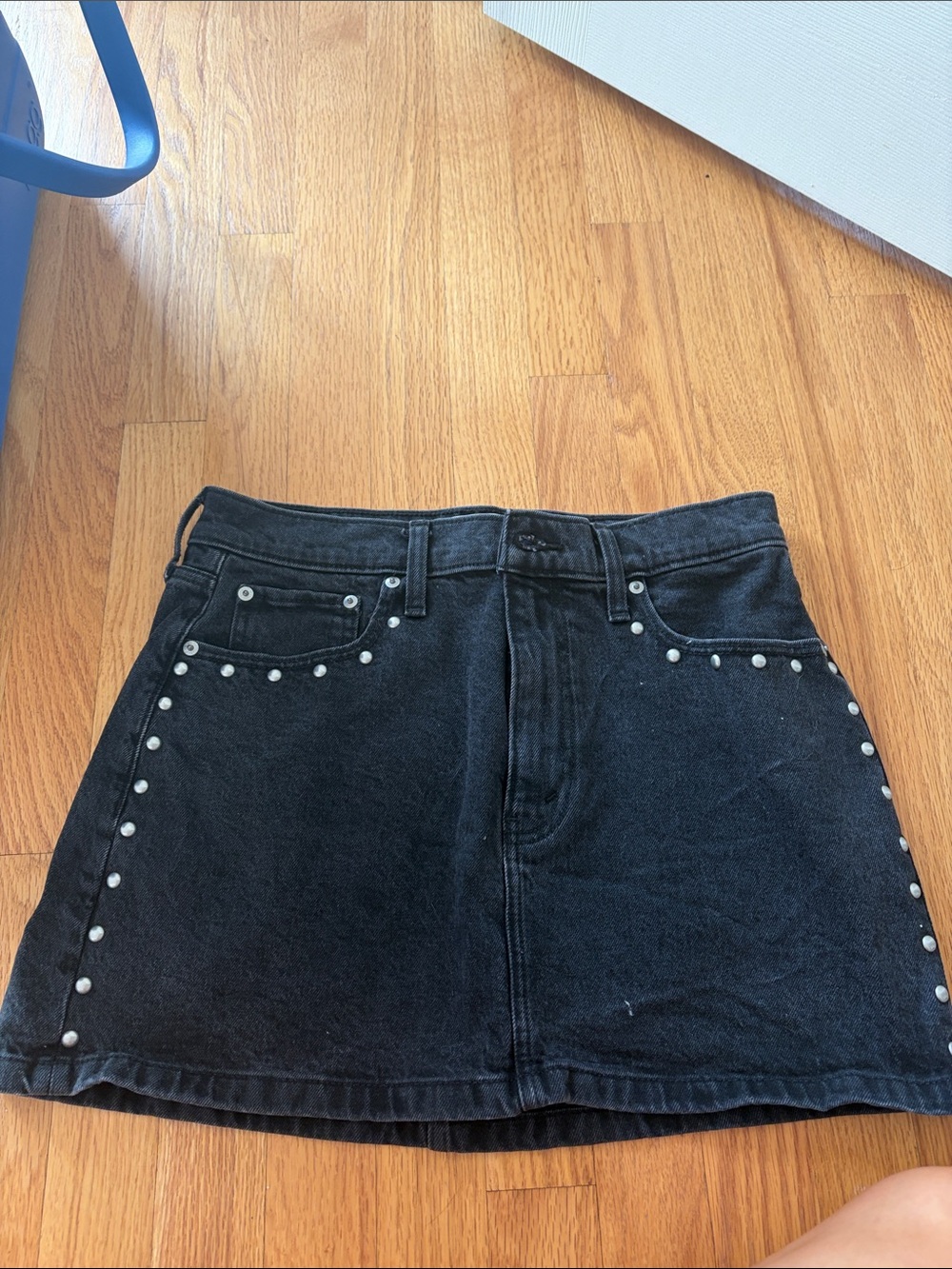 Black Denim Mini Skirt with Stud Trim